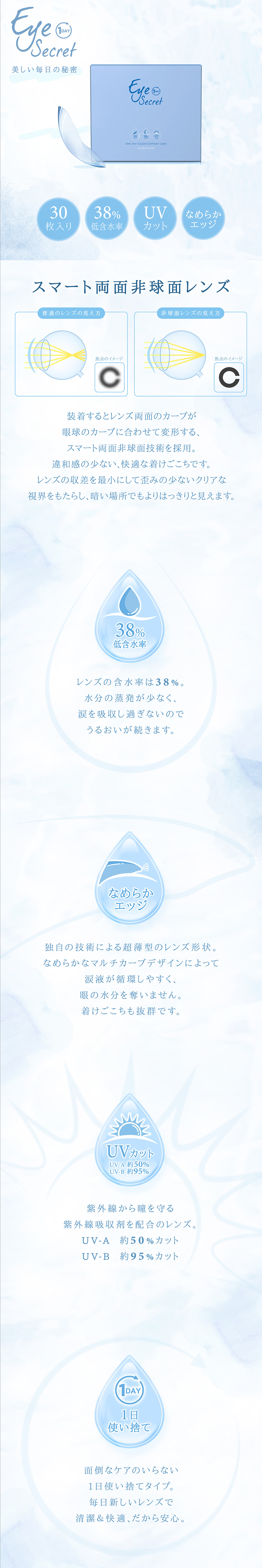 EyeSecret,美しい毎日の秘密❤クリアレンズ登場,違和感少なく、着け心地抜群,うるおいが続く毎日へ,コンタクトレンズ 1day,クリアコンタクト,UVカット機能